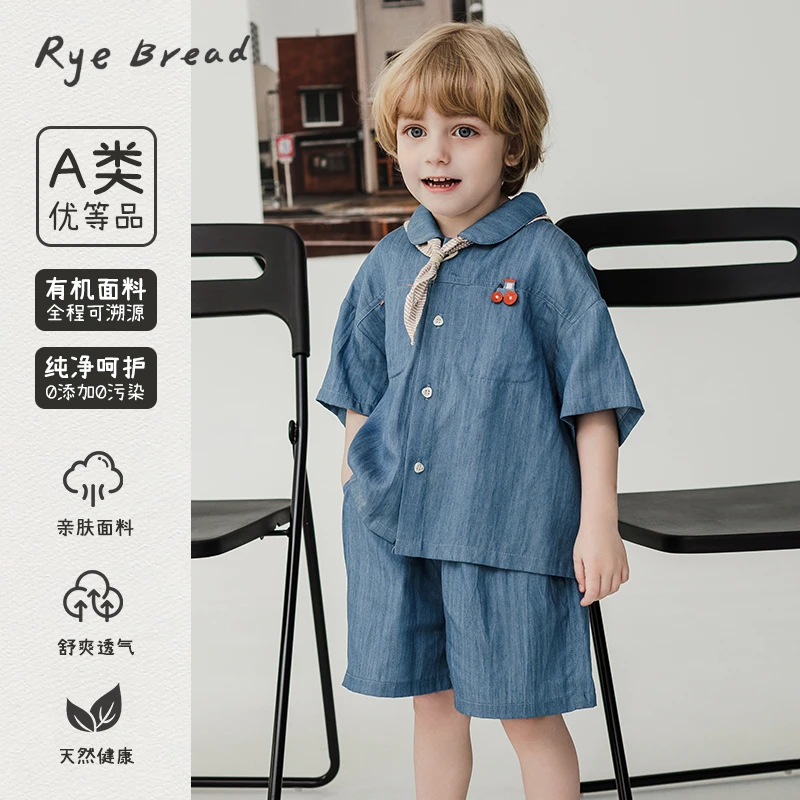 ryebread/黑面包童装 韩系男小童卡通装饰短袖衬衫短裤套装 5夏