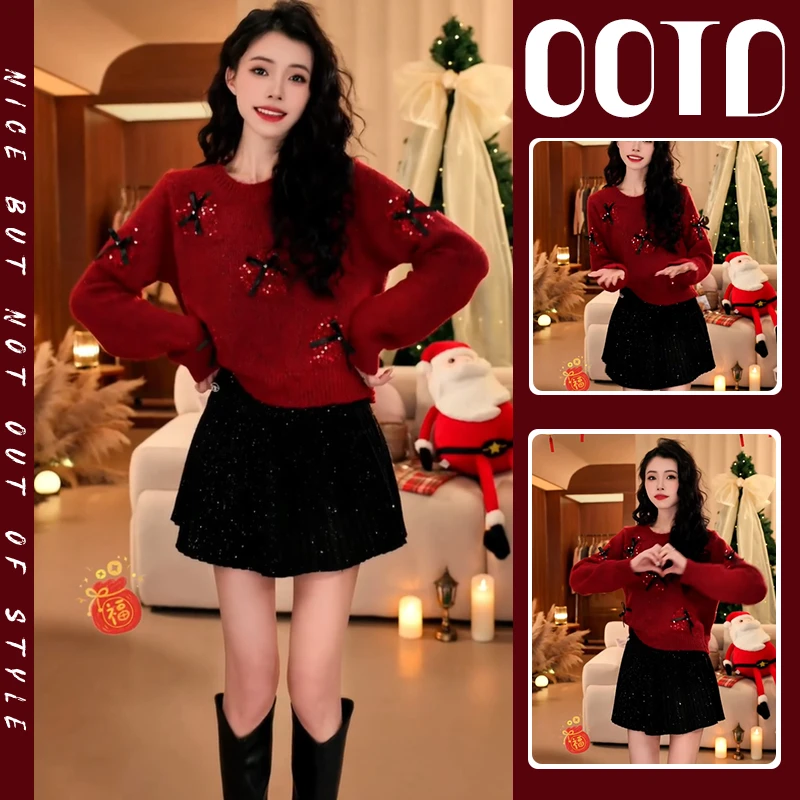 过年穿搭一整套女2025新款新年红色亮片蝴蝶结毛衣显瘦半裙两件套
