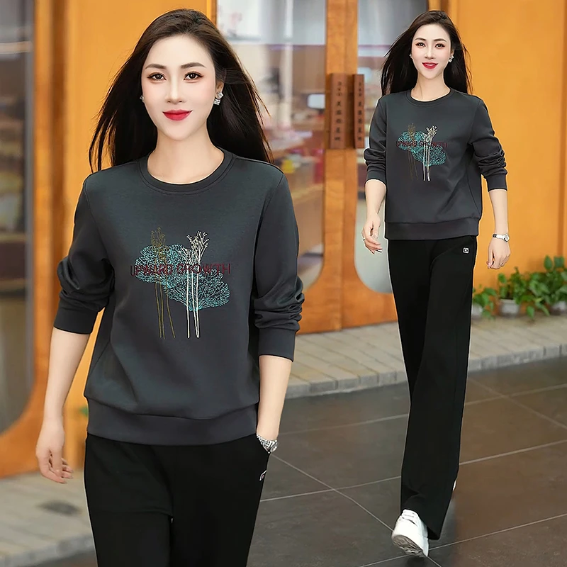 减龄高品质洋气春秋款圆领卫衣两件套气质绣花百搭显瘦直筒裤套装