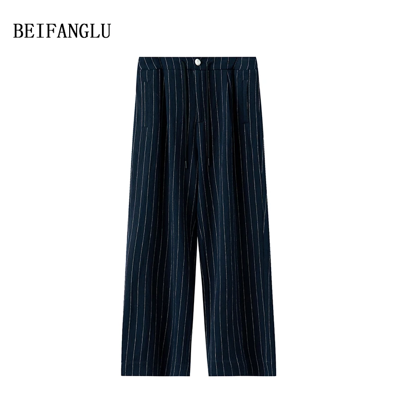 北方鹿【智性穿搭条纹裤】亚麻+棉夏季百搭条纹抽绳直筒休闲裤19009