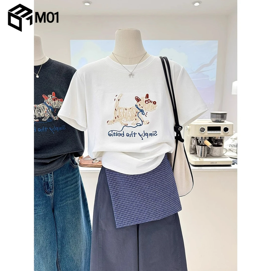 M01韩系小狗重工刺绣白色短袖T恤女2025夏季新款正肩体恤衫上衣