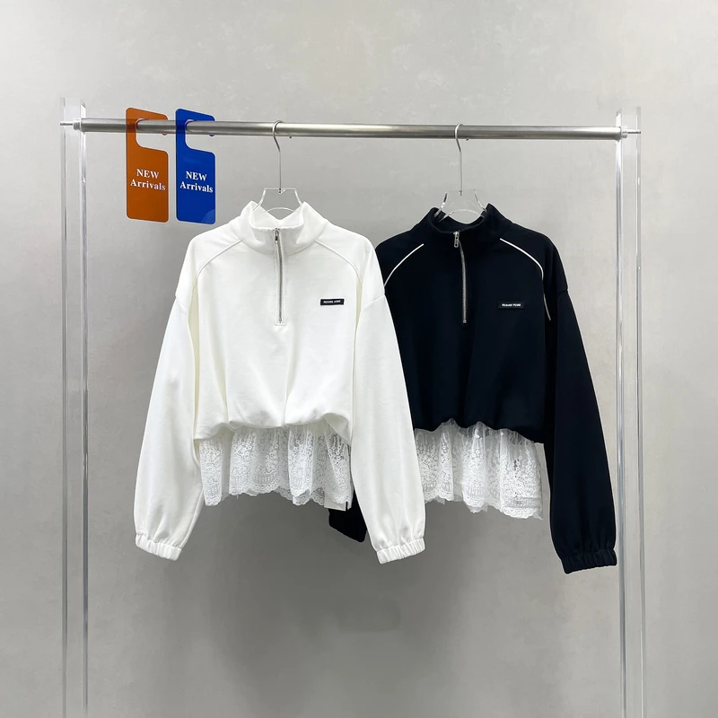 蕾丝拼接卫衣女2025春季新款宽松立领韩系设计感假两件上衣8837