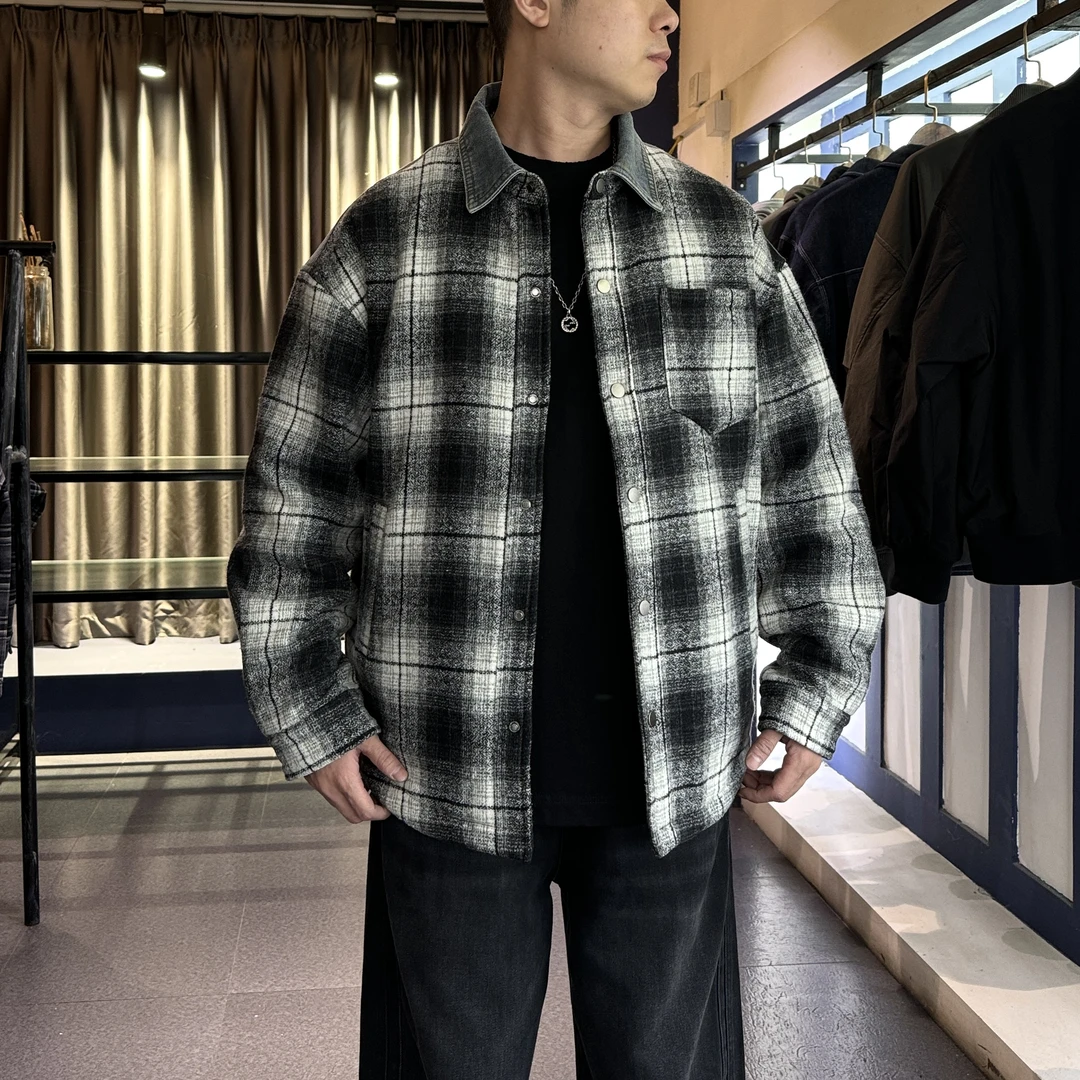 【牛仔拼接格子夹棉外套】秋冬保暖设计感个性潮流宽松时髦男士夹克
