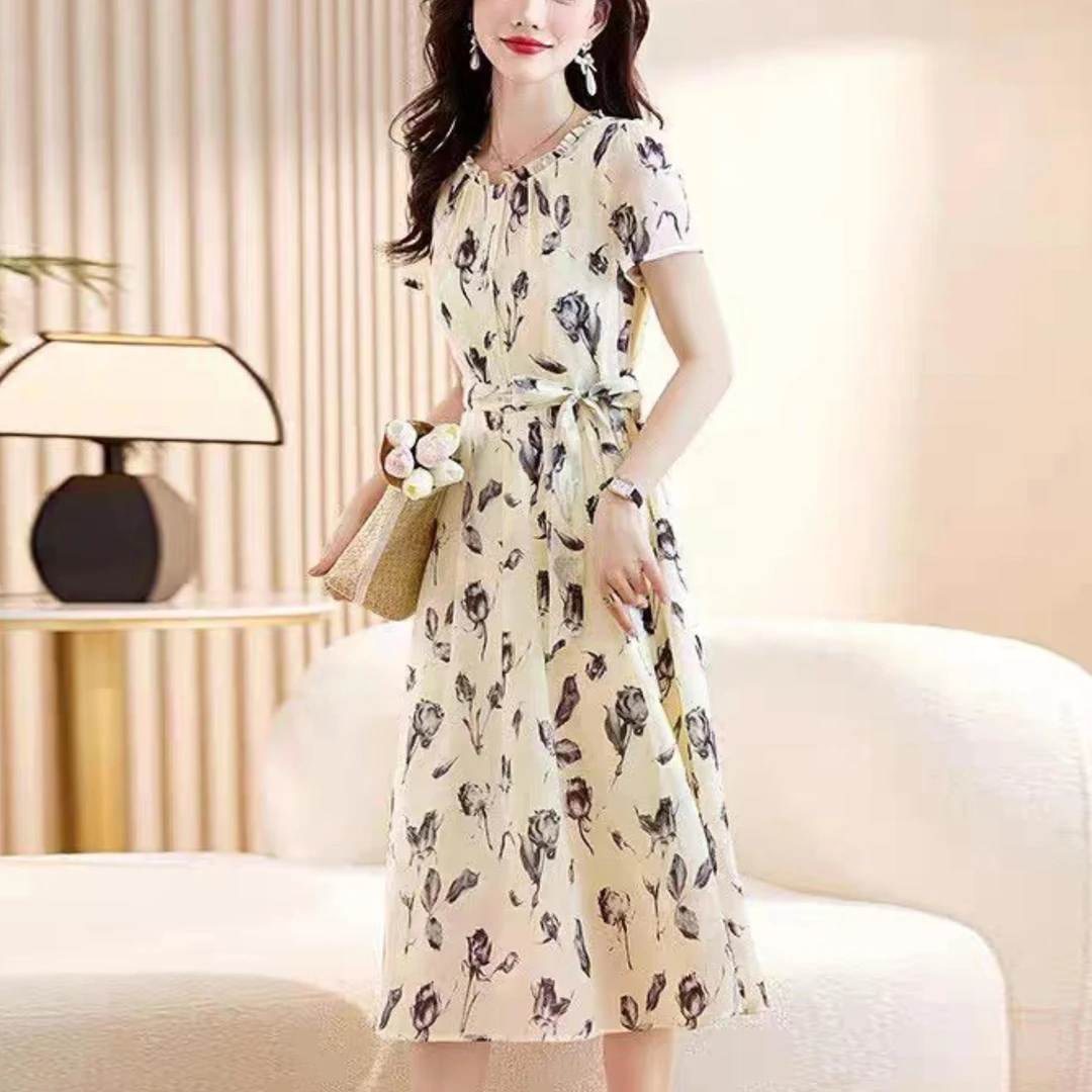 哥弟阿玛施正品雪纺碎花连衣裙女夏季2025新款高级感小个子收腰显
