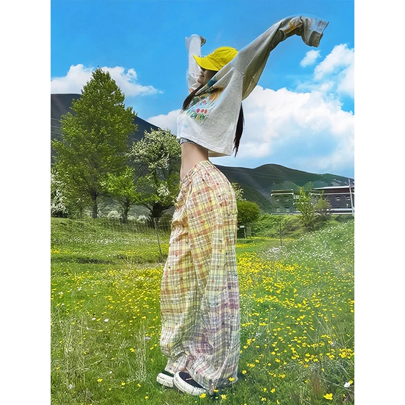 美式撞色格子阔腿裤男夏季橘子汽水穿搭小个子垂感休闲宽松直筒裤