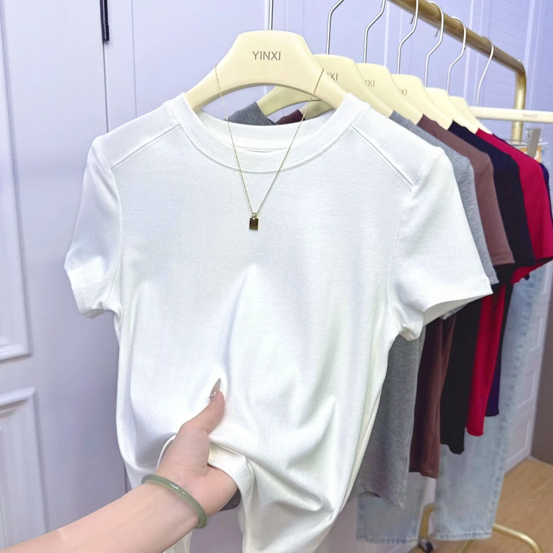 气质小圆领短袖T恤女正肩修身显瘦内搭洋气夏季纯色春游出行衣服