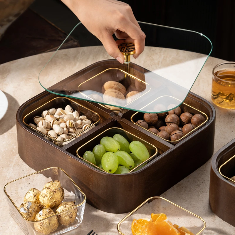 客厅家用干果盒过年瓜子糖果茶几木质坚果零食收纳水果盘茶点中式