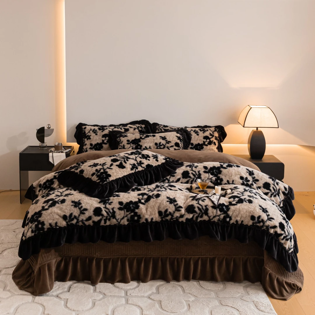 秋冬轻奢美拉德法式花边加厚保暖牛奶绒床盖四件套加绒床单被套