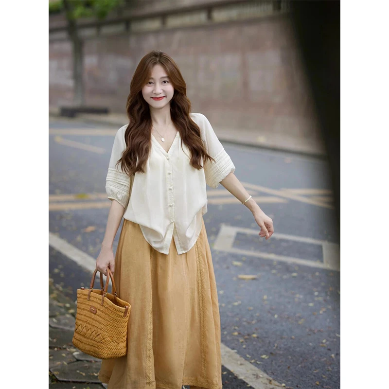 夏装搭配一整套2025韩系气质小个子减龄衬衫搭配半身裙温柔两件套