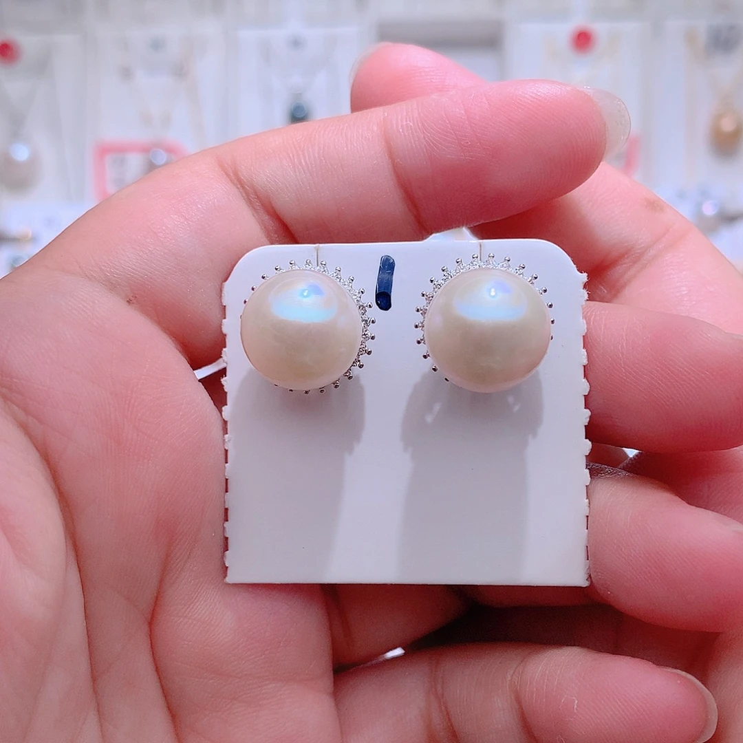 银S925镶嵌耳饰淡水珍珠CC12.5mm