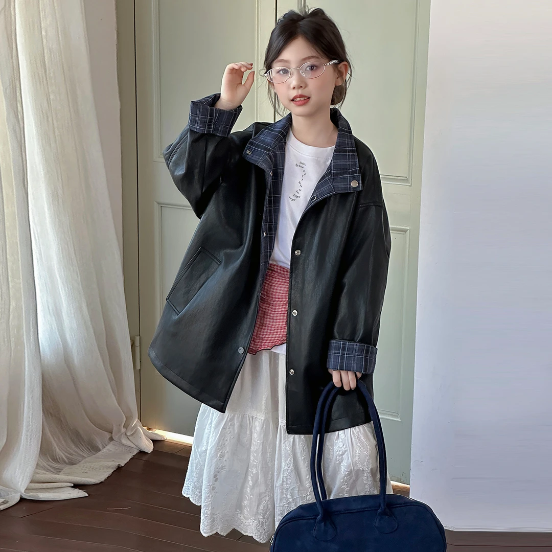 【嘻嘻柚】女童秋款双面穿格子皮衣外套2025秋冬韩系中长款夹克外套