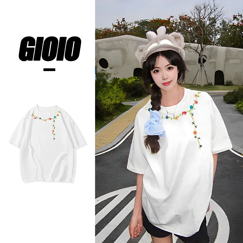 2025新款花卉短袖t恤男女美式高街情侣学院风夏季宽松上衣