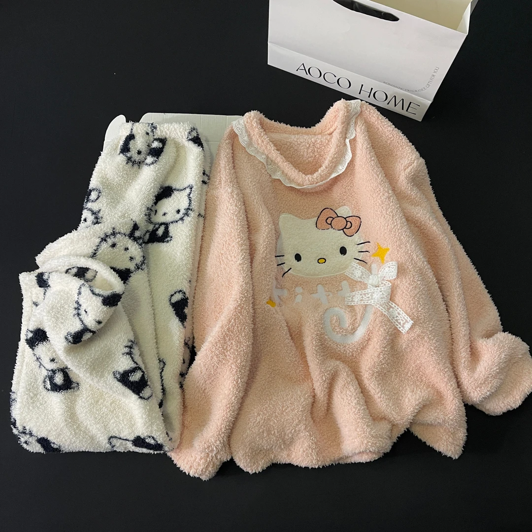 睡衣女秋冬季珊瑚绒大码加厚粉kt猫仿半边绒套装可外穿冬天家居服