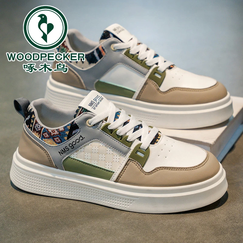 【啄木鸟正品】秋季男鞋新款透气小白鞋男学生皮面休闲运动板鞋潮鞋