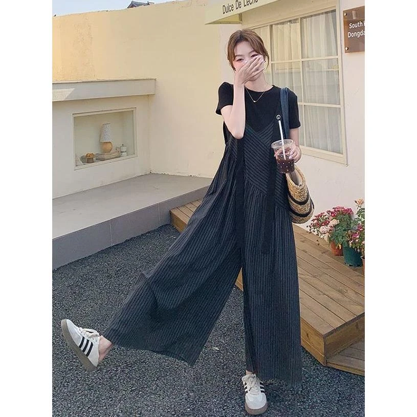 气质休闲知性背带裤宽松阔腿裤2025新款短袖连体裤女夏季两件套装