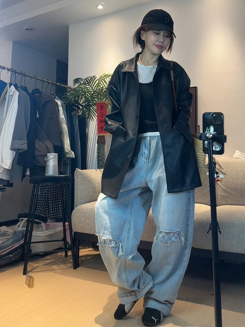 复古黑色pu皮衣外套女中长款廓形宽松上衣