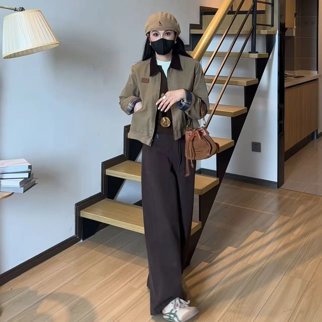 小个子定制加绒裤长92CM【100%棉】复古港风阔腿直筒裤梨形显瘦百搭