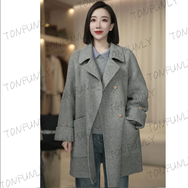 [七天无理由]翻袖短款秋冬新款大衣百搭气质时尚毛呢外套大衣