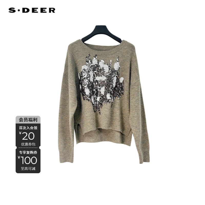 S·DEER圣迪奥气质落肩袖刺绣女毛针织衫时尚印花御姐风S253Z3510