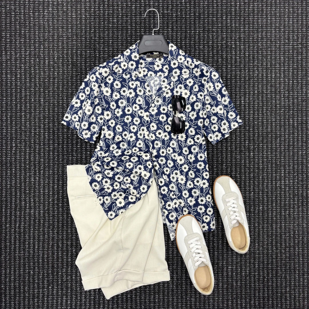 夏威夷休闲痞帅高级感度假沙滩衬衣男夏季纯棉古巴领短袖花衬衫