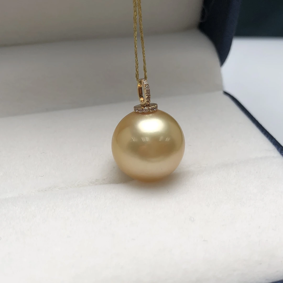 18K金镶嵌 南洋海水金珠吊坠14-15mm金色简约轻奢百搭强光
