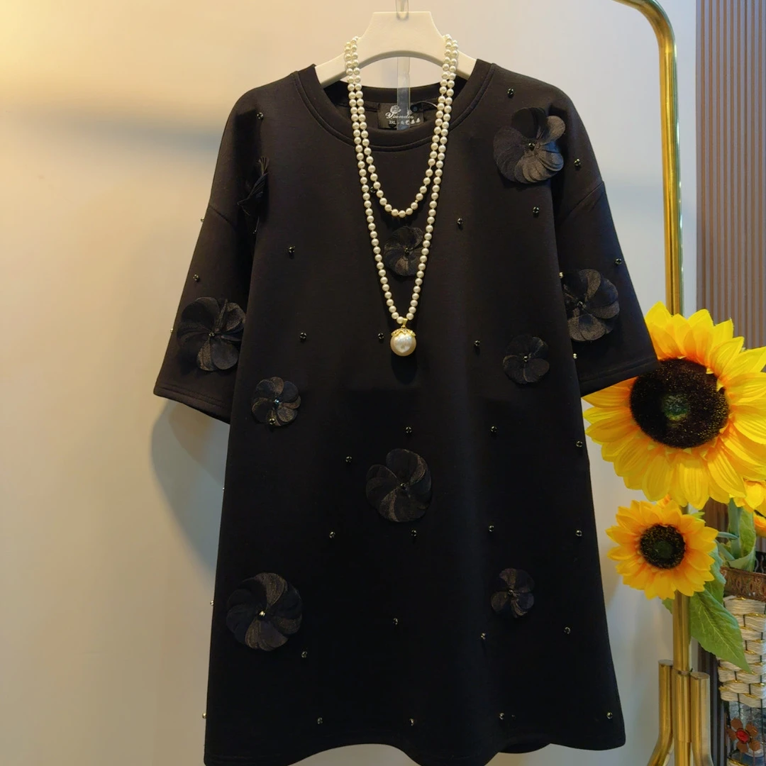 YDD新款重工钉珠立体花朵休闲遮肉韩版长款大衫T恤