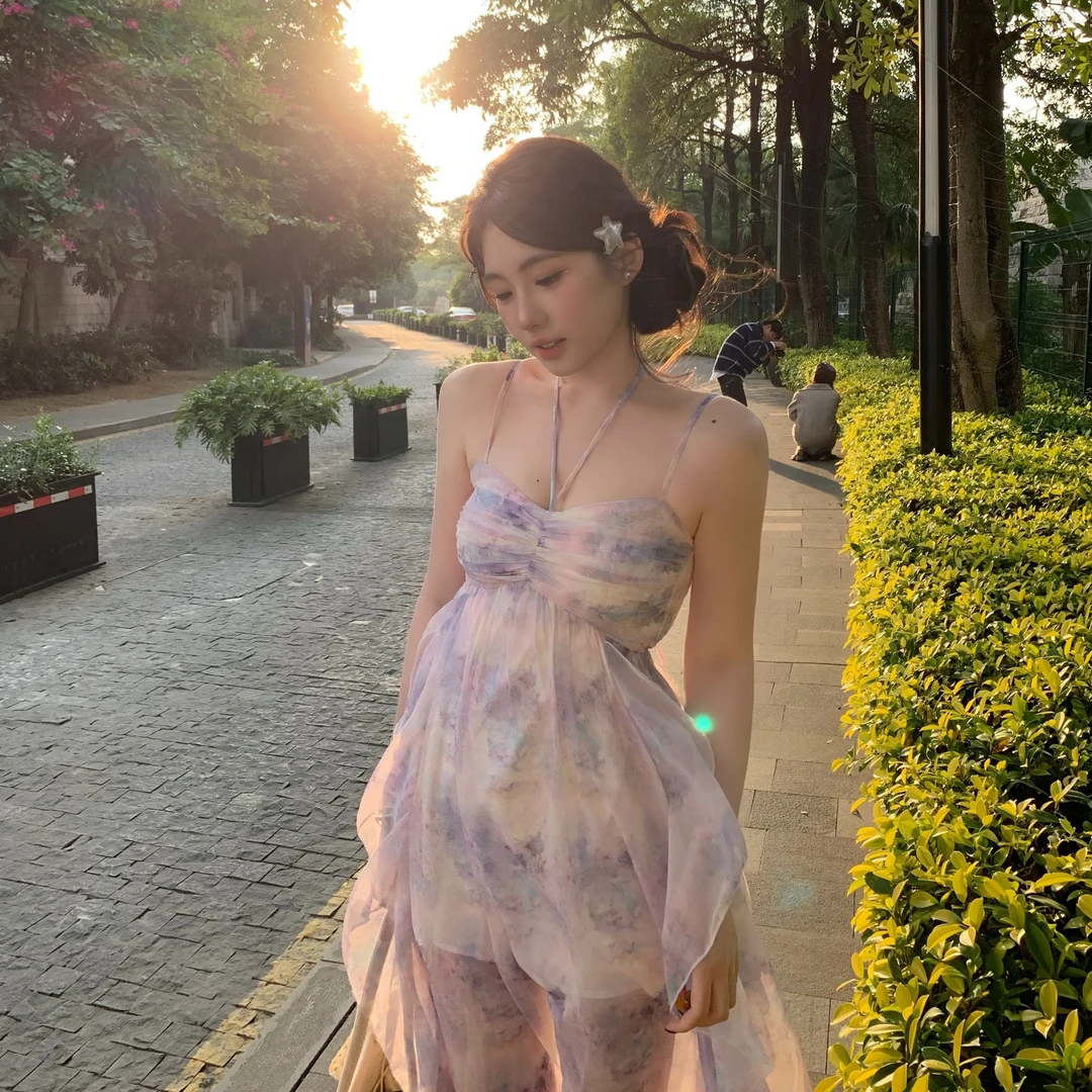 面包【隽永繁华】春季挂脖吊带连衣裙碎花纯欲气质温柔薄款长裙