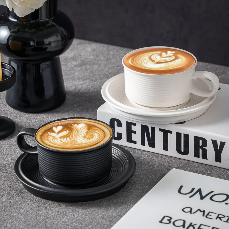 美式黑白田园风咖啡杯水杯意式精致简约拿铁杯复古陶瓷马克杯