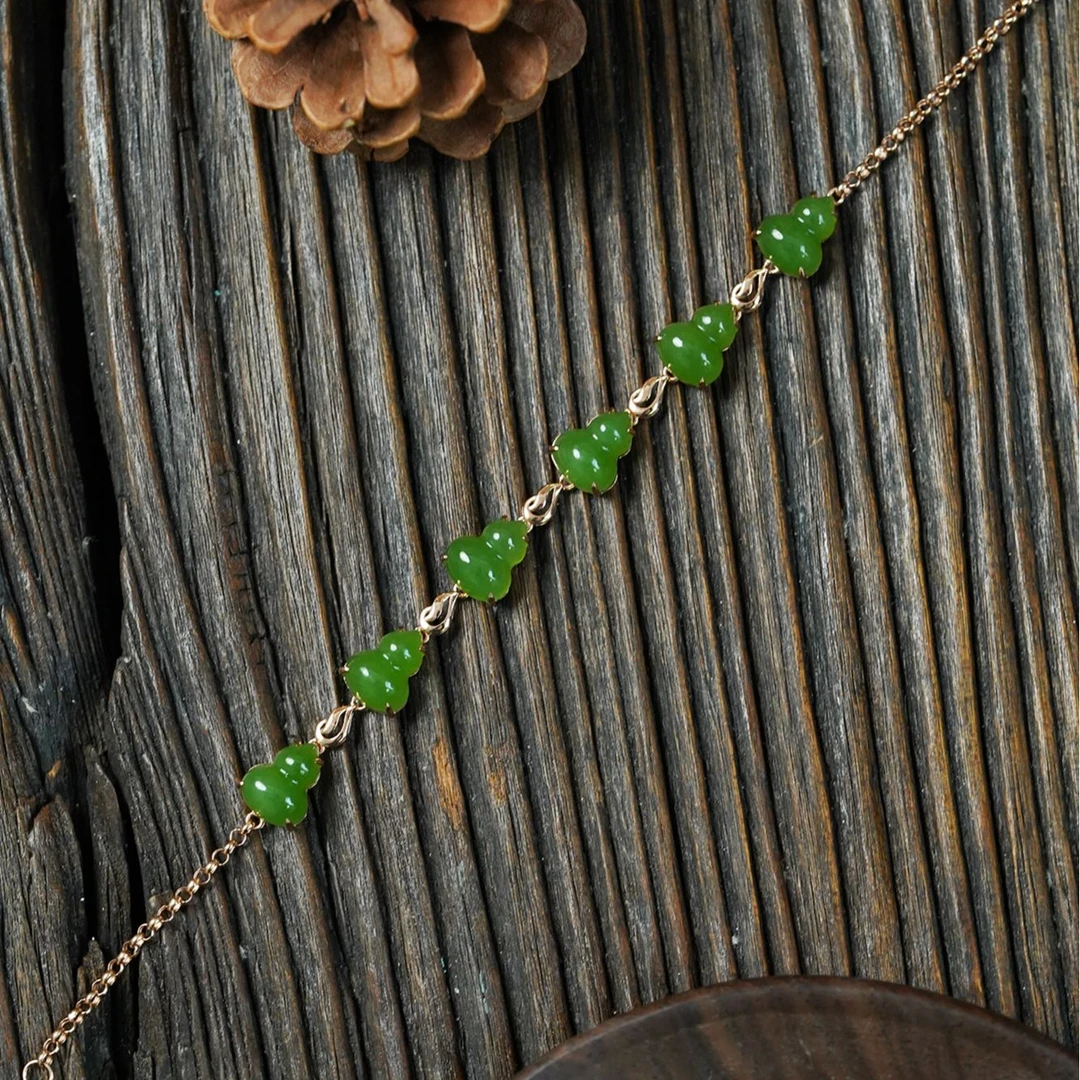 【石缘居珠宝】18K金镶嵌和田玉碧玉佩戴时尚清新款葫芦手链 C12-D9