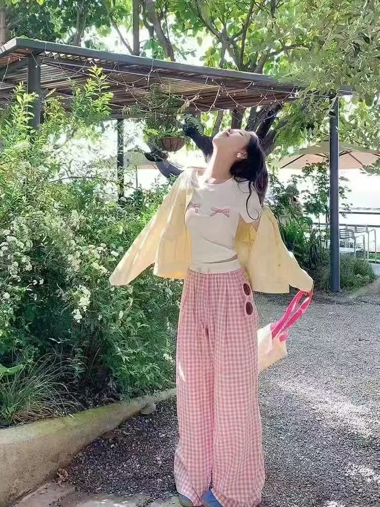 高腰宽松抽绳休闲格子女裤