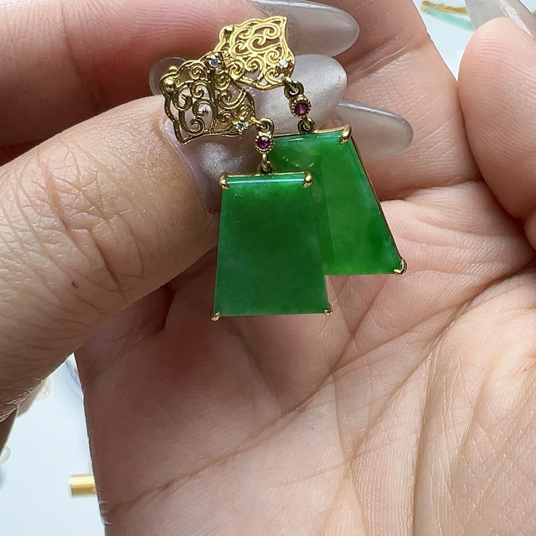 翡翠耳饰18K金镶嵌悦*天然缅甸A货翡翠