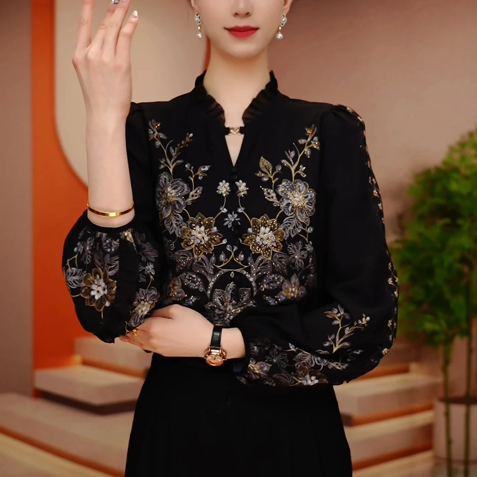 2025新款洋气百搭设计长袖套头立领上衣女宽松遮肉