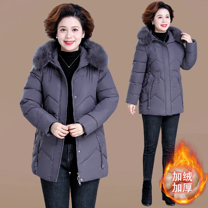 毛领连帽洋气中长款派克服中年妈妈冬季棉衣保暖棉服加绒加厚外套