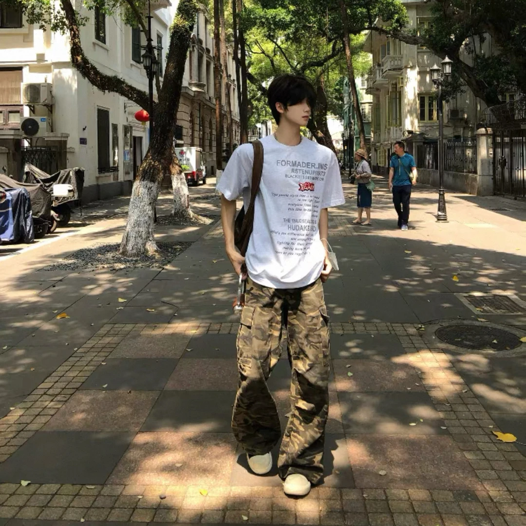 B24#某宝爆款1张多！水洗多口袋迷彩工装裤男女款直筒宽松阔腿长裤