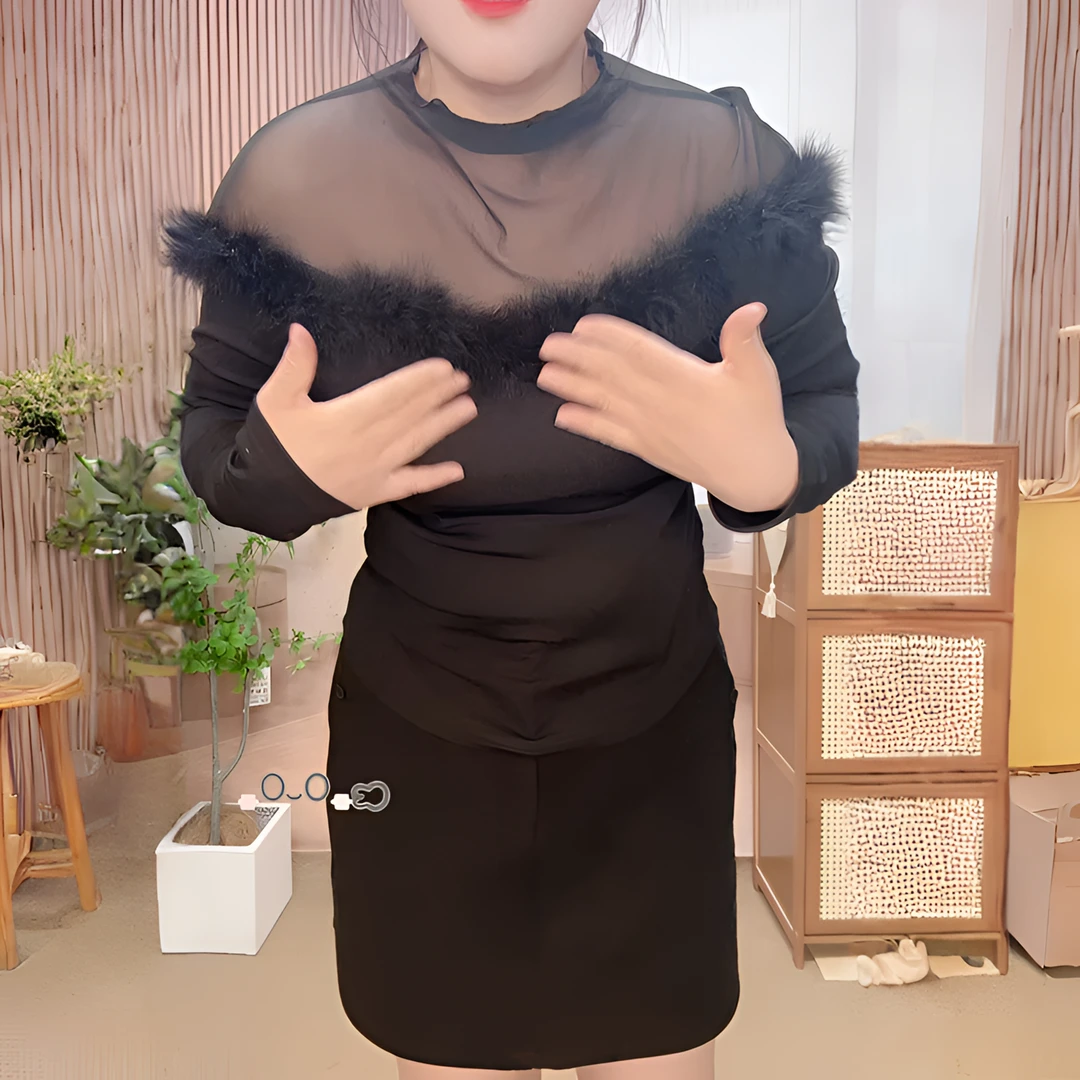 冬季打底衫圆领显气质法式网纱拼接环保毛时尚百搭修身显瘦轻奢