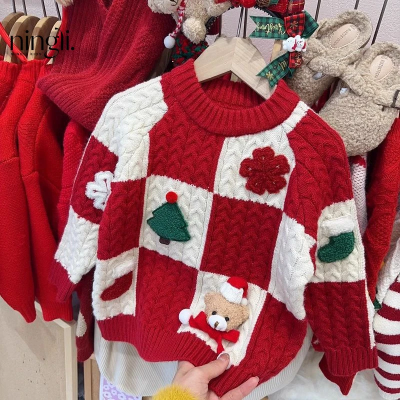 【新年毛衣】儿童红色毛衣冬季新款加厚新年节日衣服女童洋气针织
