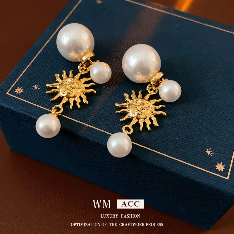 铜合金仿珍珠耳饰 银针珍珠两戴太阳花耳钉法式复古轻奢长款耳环