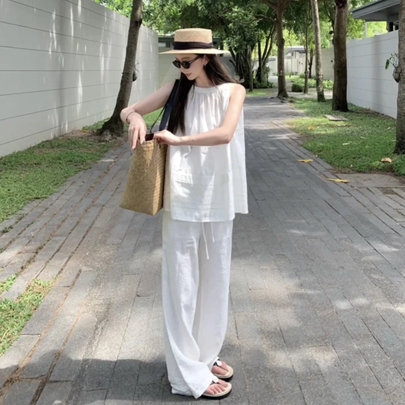 白色秋款搭配一整套女装时髦减龄慵懒风休闲无袖上衣阔腿裤两件套