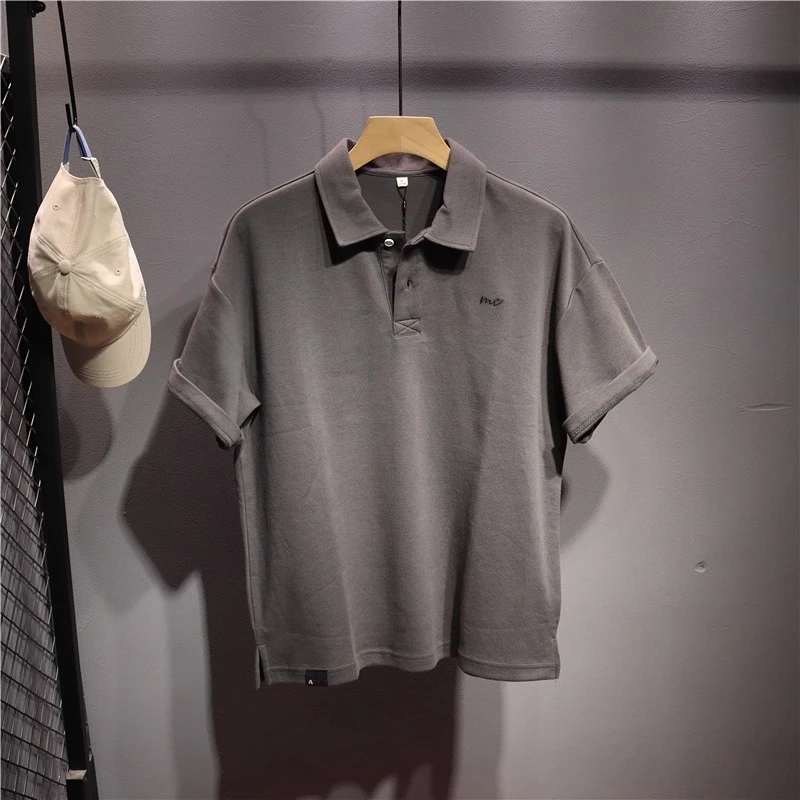 美式重磅水洗POLO衫男士简约大码休闲运动ins潮牌短袖宽松t恤上衣