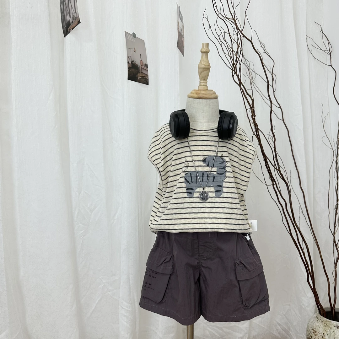 韩系男童25新款儿童无袖背心夏季男女童卡通小马条纹T恤搭短裤潮