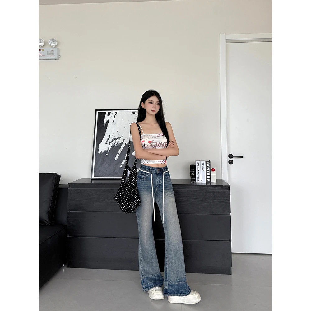 IFMR 新款设计感夏季中高腰直筒辣妹显瘦浅色小众微喇牛仔裤女