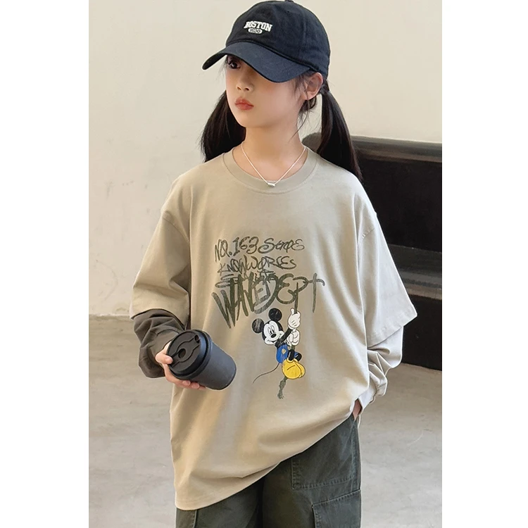 女童春装2025春秋新款童装休闲宽松假两件长袖T恤中大童青少年装