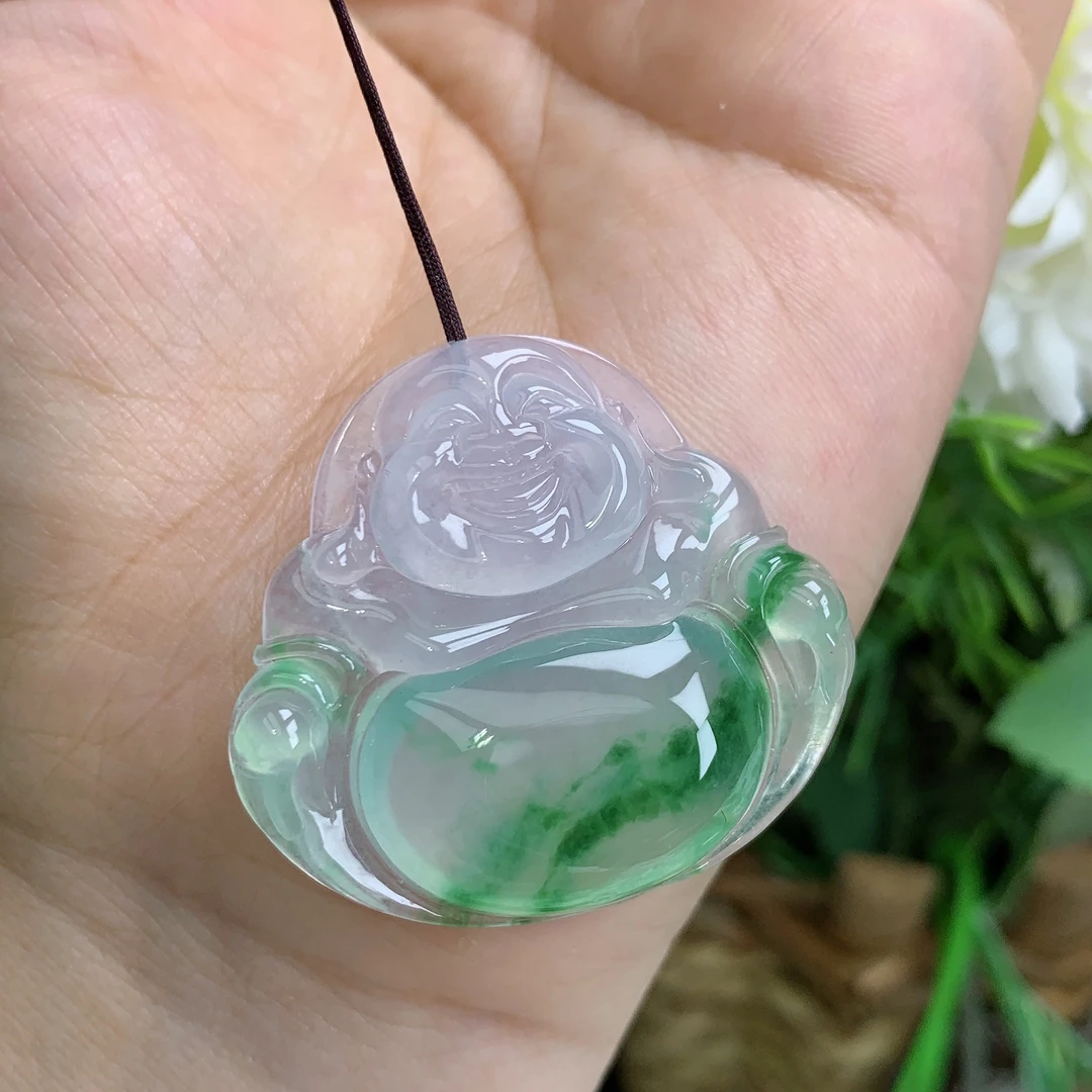 缅甸天然翡翠a货高冰起光飘绿花佛公吊坠大尺寸33.6/36.5/6.1mm