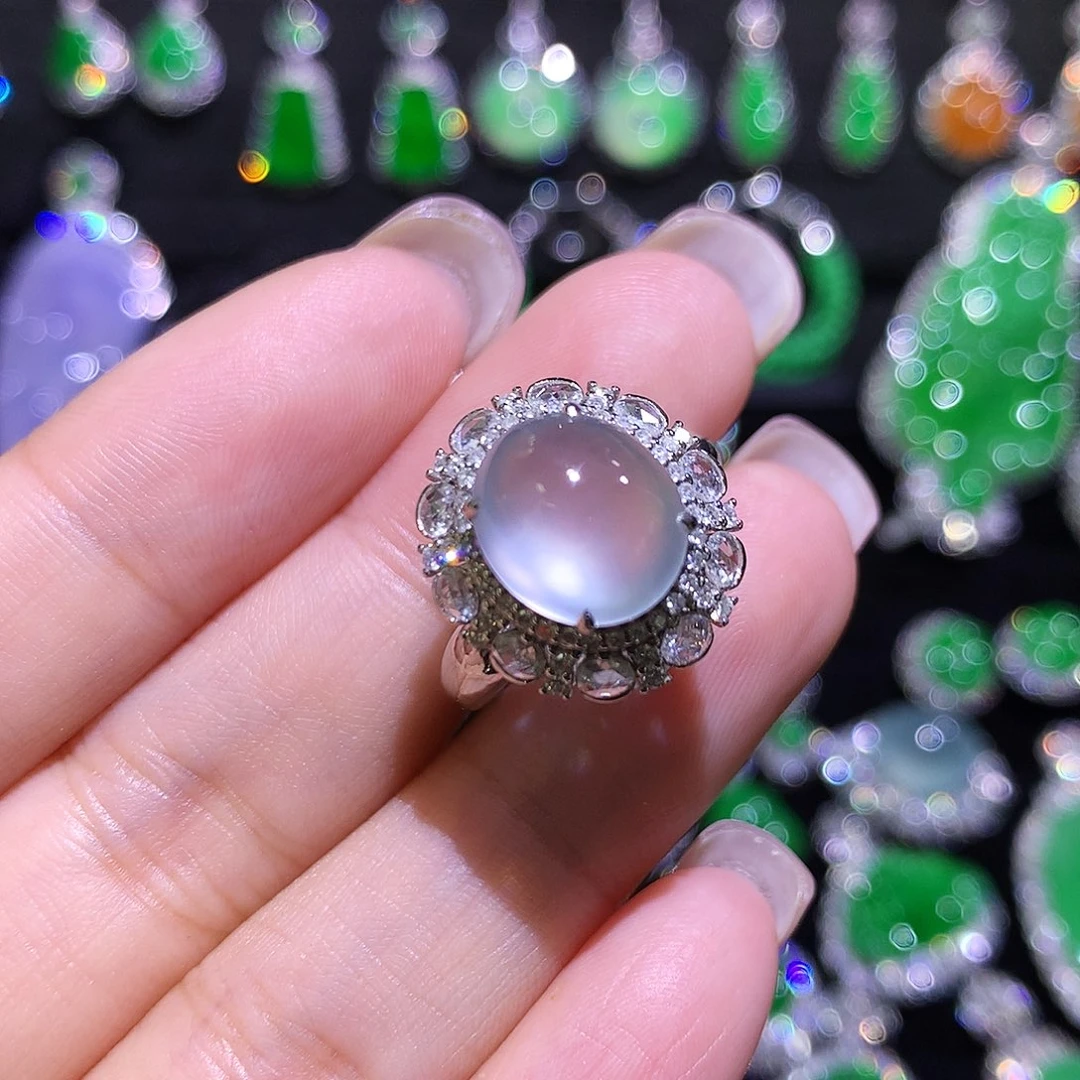 翡翠18K金镶嵌戒指玻璃种双眼皮