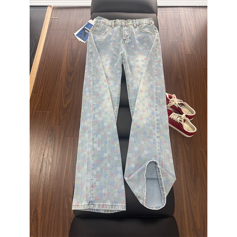 美式复古蓝色设计感提花格子软牛仔裤男女款显瘦宽松堆积感直筒裤