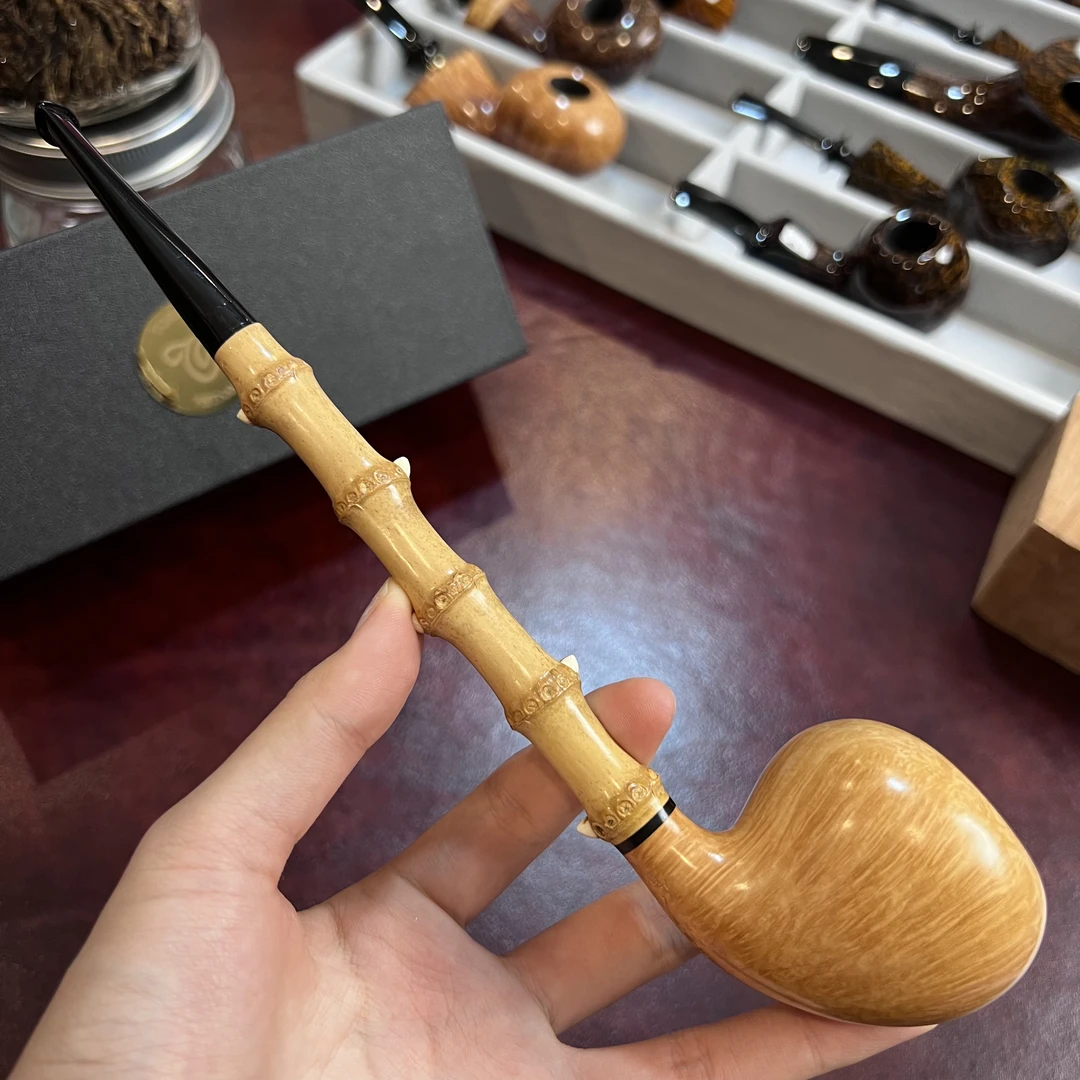 越南阿全 光面长竹节直斗手工石楠木烟斗