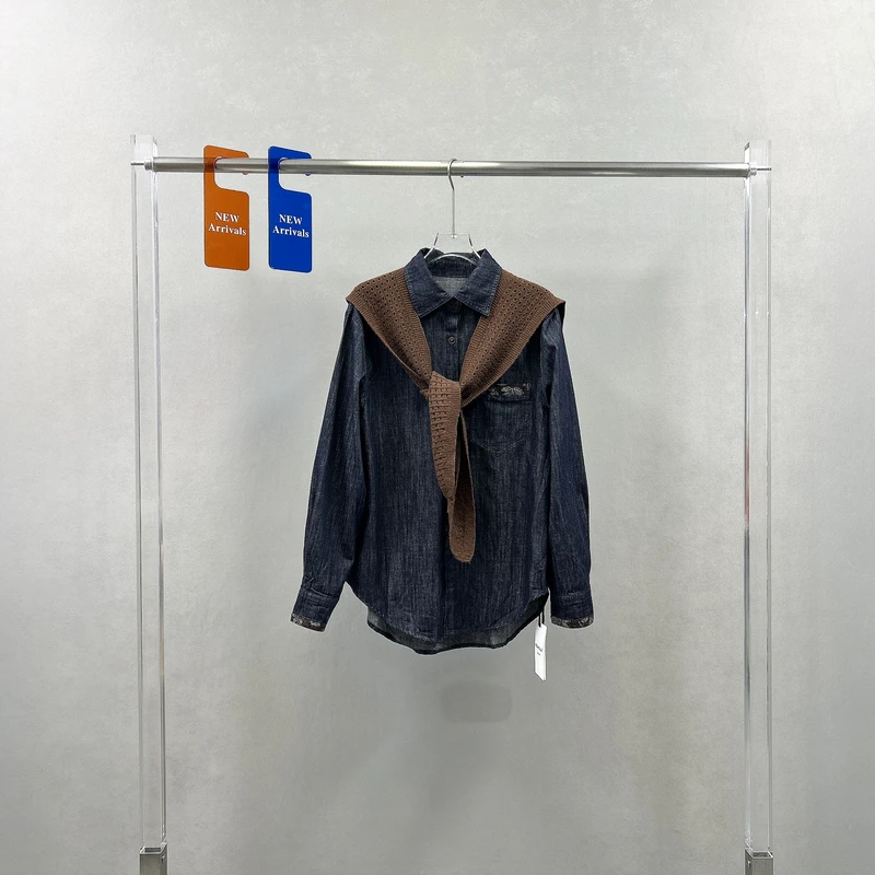 欧货时尚披牛仔衬衫两件套女复古碎花袖口洋气翻领上衣外套78279