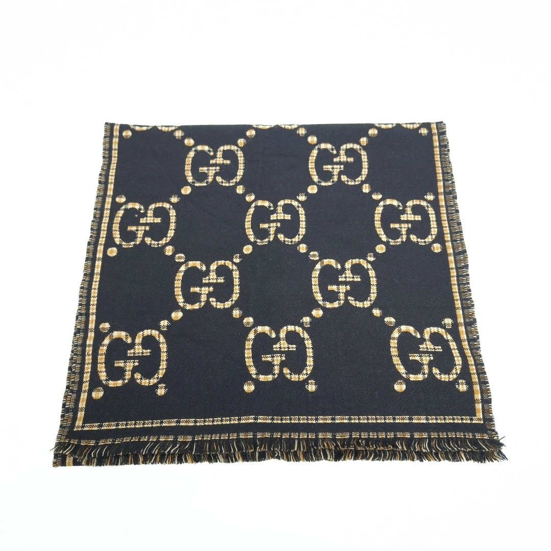 99新 GUCCI/古驰 【黑黑】 拼色 羊毛 满印 老花 流苏 双面围巾