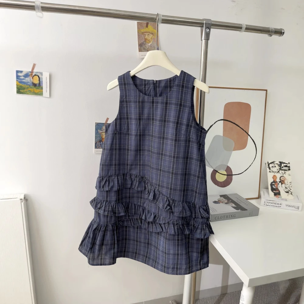 实拍大牌“不规则边”法式复古物夜蓝格纹背心连衣裙2025夏季新款
