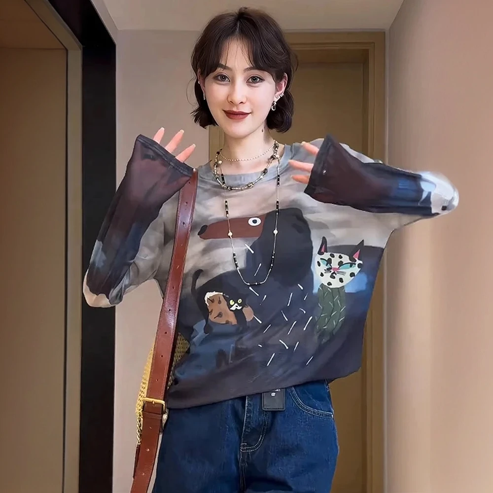 扎染防晒罩衫薄纱女2025新款爆款夏季网纱长袖t恤 女装设计感上衣